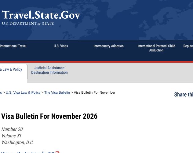 美国国务院2026年11月签证公告职业移民表A官方截图：EB1、EB2及EB5截止日期