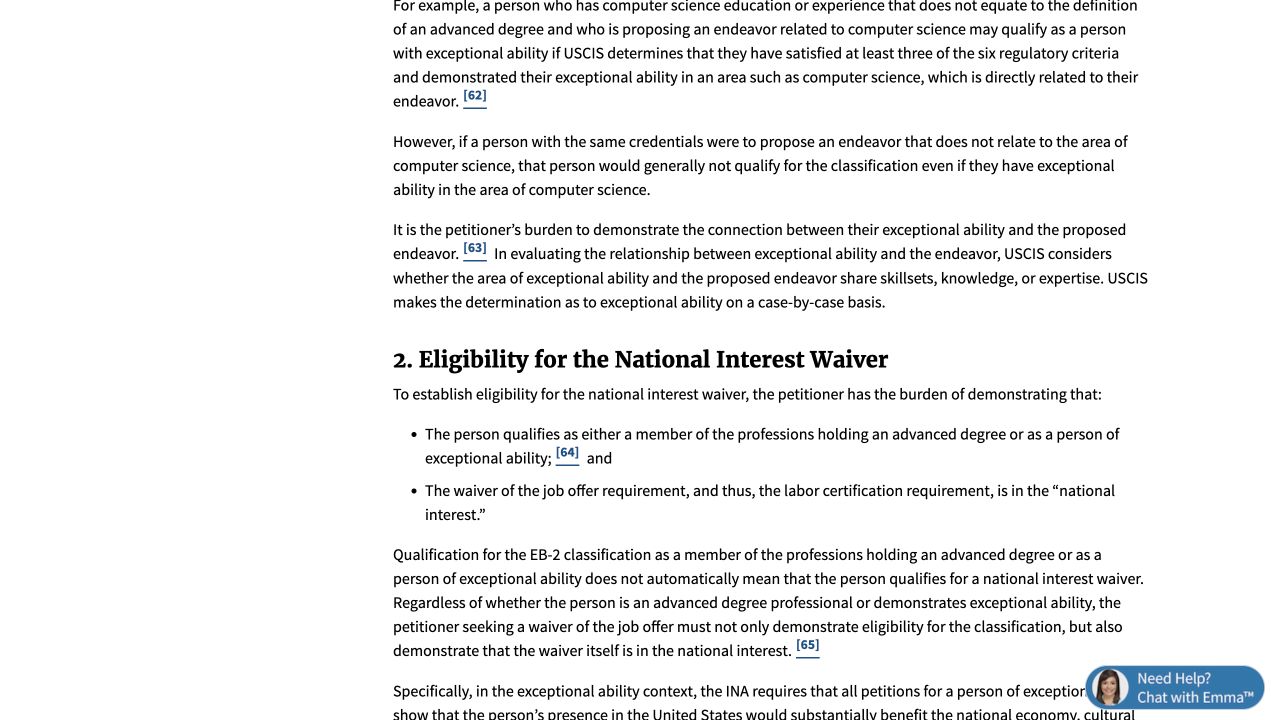 USCIS政策手册NIW基础资格与国家利益豁免要求官方截图