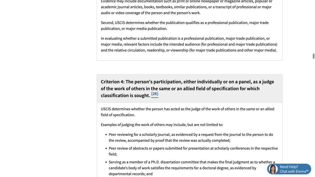 USCIS政策手册关于EB1A评审他人工作及实际完成要求截图