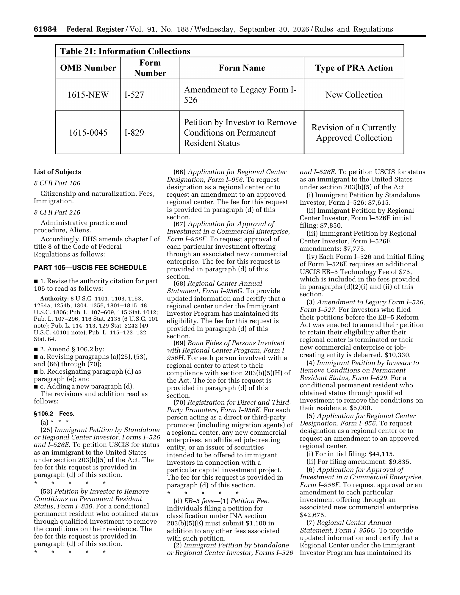 2026年9月30日联邦公报第61984页,列明I-526E初次申请费及诚信基金申请附加费