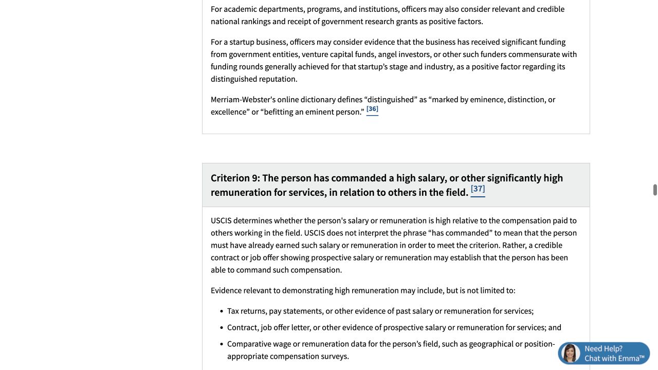 USCIS政策手册EB1A高薪报酬与同行比较标准截图