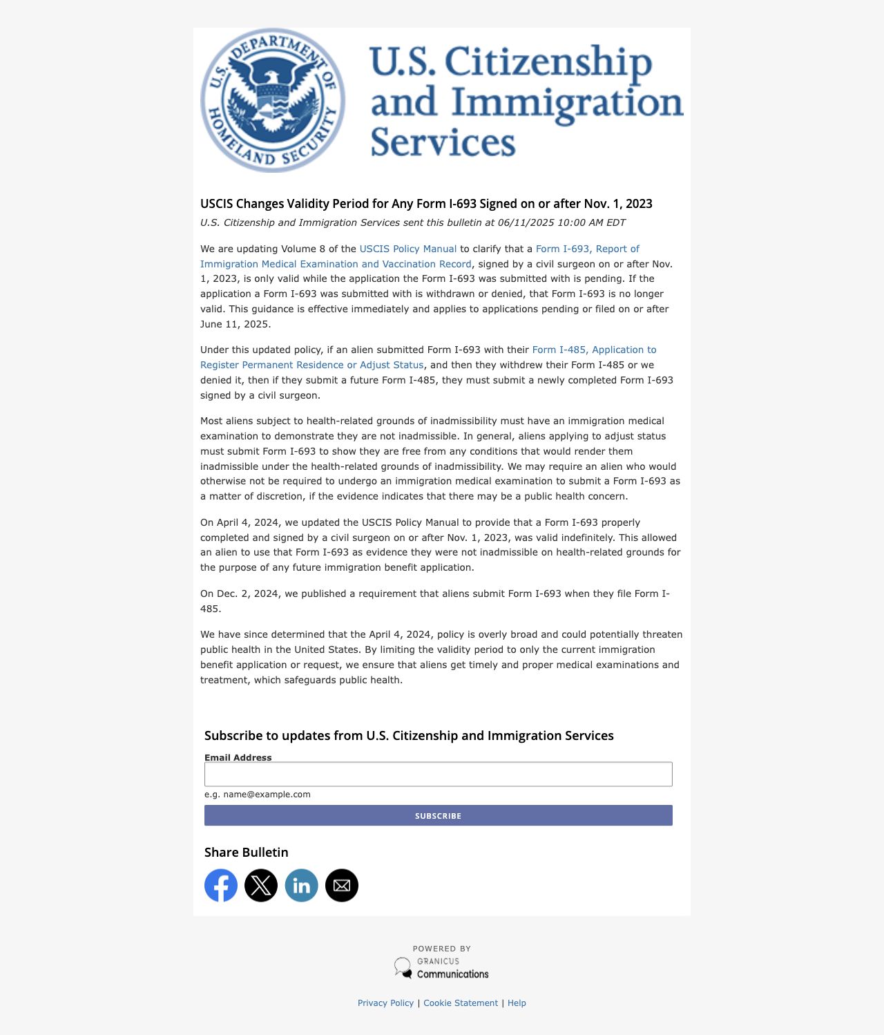 USCIS于2025年6月11日发布I-693有效性指导的官方公告截图