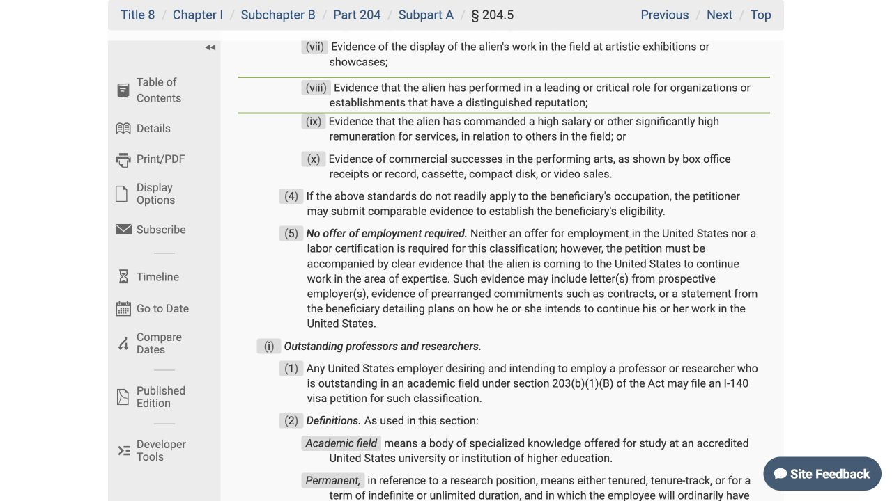 eCFR 8 CFR 204.5(h)(3)(viii)关于卓著声誉机构中领导或关键角色的原文截图
